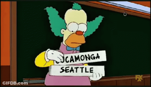 Cartoon Character With Sign Saying Camonga Seattle GIF