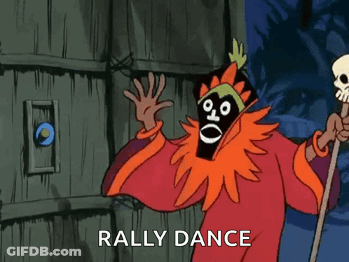 Cartoon Character With Skull Holding Cane Saying Rally Dance GIF