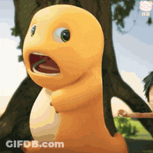 Cartoon Character With Snake In Mouth Next To Tree GIF