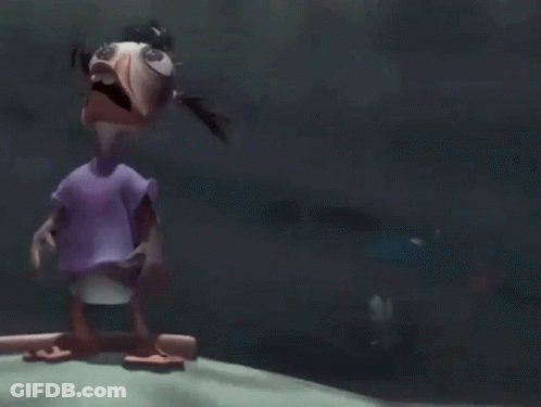 Cartoon Character With Strange Face Sitting On Bench Looking Up GIF