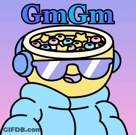 Cartoon Character With Sunglasses And Headphones Eating Cereal Saying Gm Gm GIF