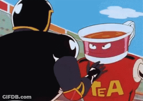 Cartoon Character With Tea Cup On Head Standing Next To Another GIF