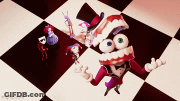 Cartoon Character With Top Hat And Fake Teeth Standing On Checkered Floor GIF
