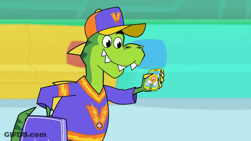 Cartoon Character With V Hat Holding Cell Phone GIF