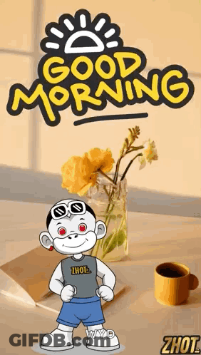 Cartoon Character With Vase Of Flowers And Coffee GIF