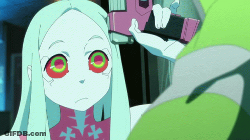 Cartoon Character With White Hair And Green Eyes Holding Pink Object GIF