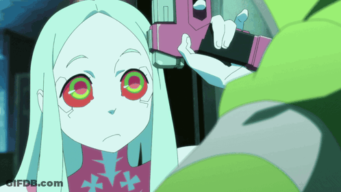 Cartoon Character With White Hair And Red Eyes Holding Gun GIF
