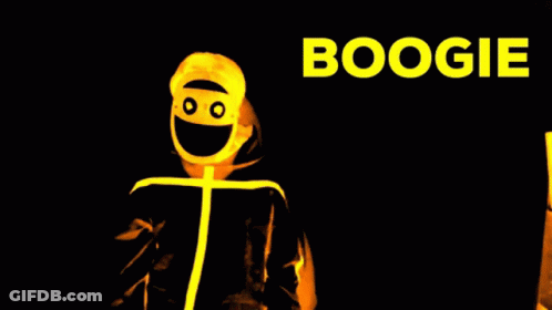 Cartoon Character With Word Boogie On Top GIF