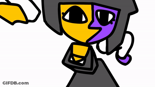 Cartoon Character With Yellow And Purple Face Pointing At Viewer GIF
