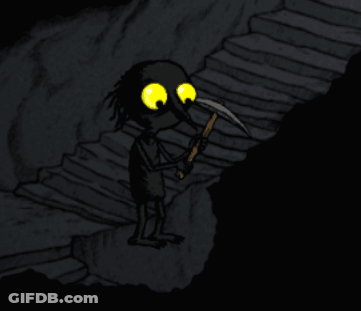 Cartoon Character With Yellow Eyes Holding Pickaxe In Dark Cave GIF