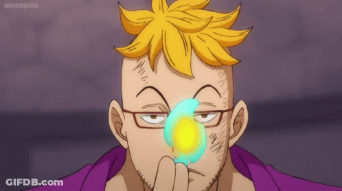 Cartoon Character With Yellow Hair And Glasses Holding Blue Object To Eye GIF