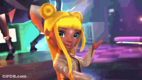 Cartoon Character With Yellow Hair And Green Eyes Dancing GIF
