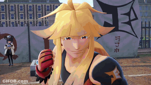 Cartoon Character With Yellow Hair In Front Of Chinese Writing GIF