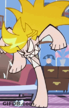 Cartoon Character With Yellow Hair Standing On One Leg GIF