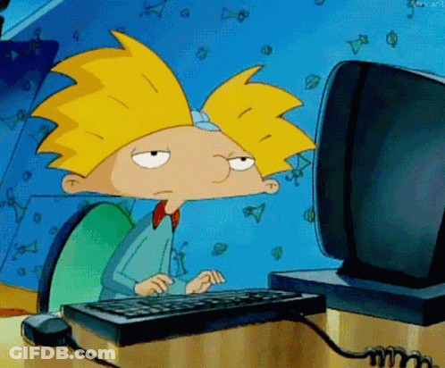 Cartoon Character With Yellow Hair Typing On Computer Keyboard GIF
