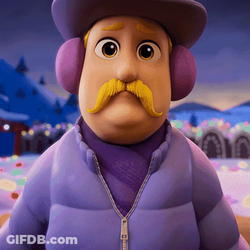 Cartoon Character With Yellow Mustache And Ear Muffs In Purple Jacket GIF