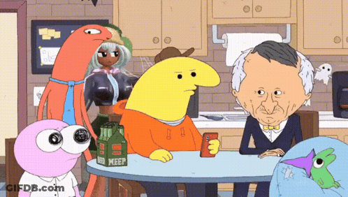 Cartoon Characters Around Beer Bottle GIF
