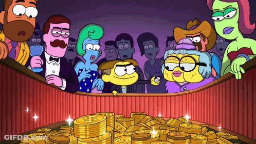 Cartoon Characters Around Pile Of Gold Coins GIF