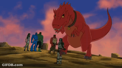 Cartoon Characters Around Red Dinosaur GIF