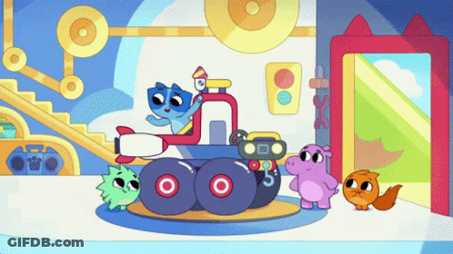 Cartoon Characters Around Toy Car Number 3 GIF