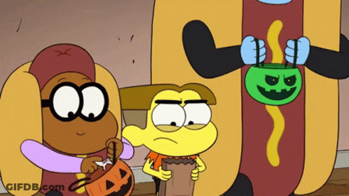 Cartoon Characters As Hot Dog And Pumpkin For Halloween GIF