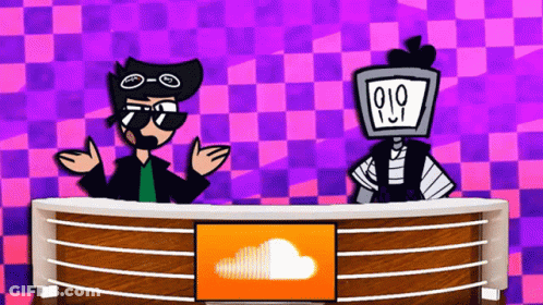 Cartoon Characters At Desk With SoundCloud Logo GIF