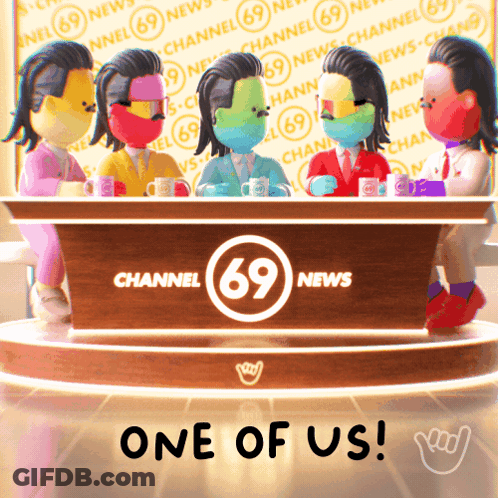 Cartoon Characters At Table With Channel 69 News Logo GIF