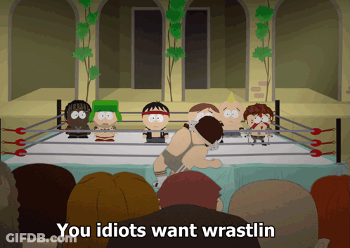 Cartoon Characters Boxing Ring Saying You Idiots Want Wrastlin GIF