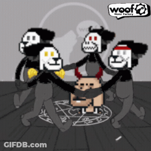 Cartoon Characters Dancing In Circle With Woof Meme Factory Logo GIF