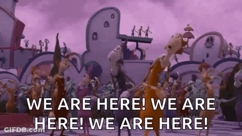 Cartoon Characters Dancing In Front Of Building Saying We Are Here GIF