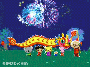 Cartoon Characters Dancing In Front Of Fireworks GIF