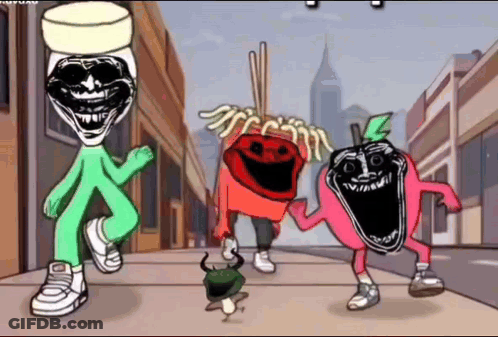 Cartoon Characters Dancing On Sidewalk GIF