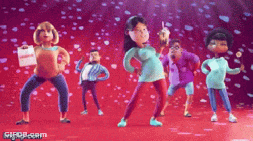 Cartoon Characters Dancing Under Falling Hearts GIF