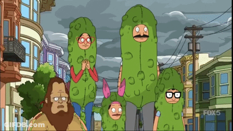 Cartoon Characters Dressed As Pickles With Fox 5 Logo GIF