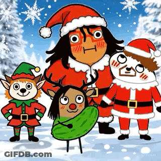 Cartoon Characters Dressed As Santa Claus And Elves GIF