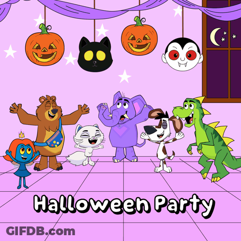 Cartoon Characters Dressed Up For Halloween Party GIF