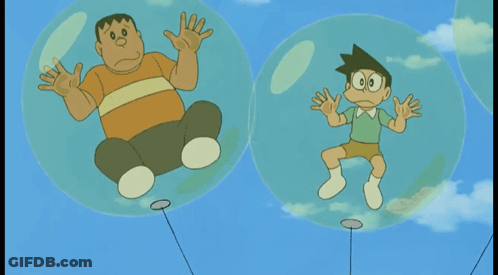 Cartoon Characters Floating In Bubbles With Korean Writing GIF