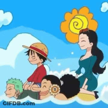 Cartoon Characters Floating On Raft In Ocean GIF