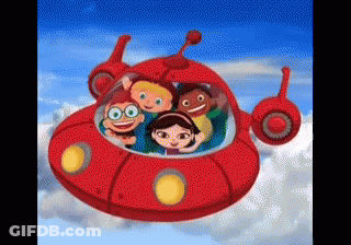Cartoon Characters Flying In Red Spaceship GIF