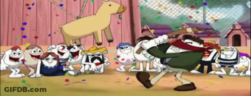 Cartoon Characters Gathered Around Man Holding Bottle GIF