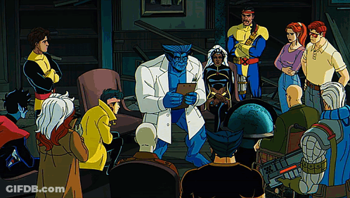 Cartoon Characters Gathered Around Man In White Coat GIF