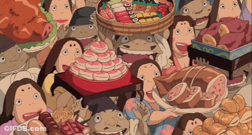 Cartoon Characters Gathered Around Table Full Of Food GIF