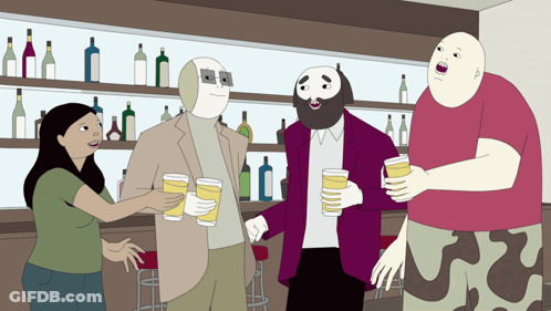 Cartoon Characters Holding Drinks In Bar GIF