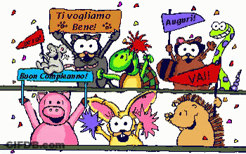 Cartoon Characters Holding Signs Saying Auguri GIF