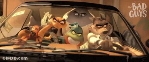 Cartoon Characters In Car With Bad Guys GIF