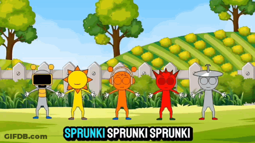 Cartoon Characters In Field Saying Sprunki GIF