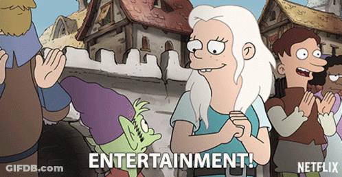 Cartoon Characters In Front Of Building Saying Entertainment GIF