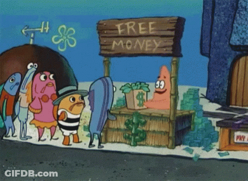 Cartoon Characters In Front Of Free Money Stand GIF
