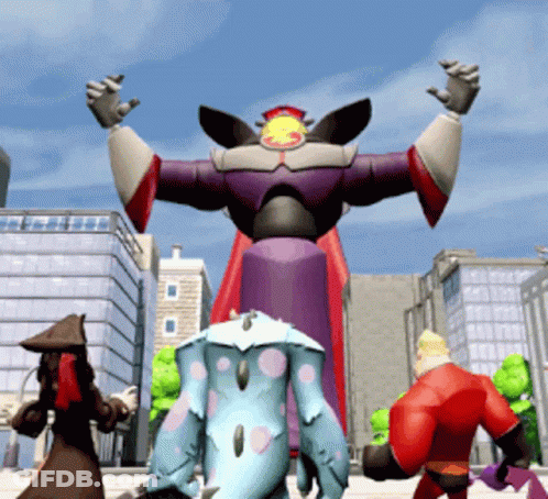 Cartoon Characters In Front Of Giant Toy Story Robot GIF
