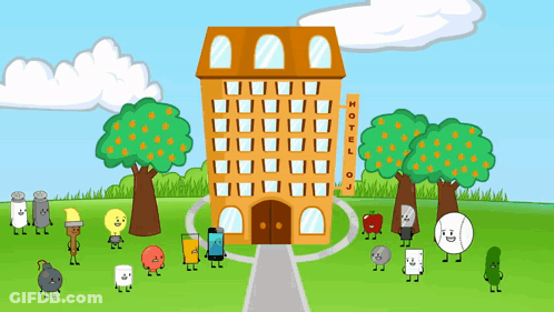 Cartoon Characters In Front Of Hotel GIF